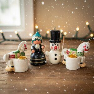 Vintage 1970s Japan Christmas Figurine Set Ceramic Snowman Horse‎ Holiday Decor